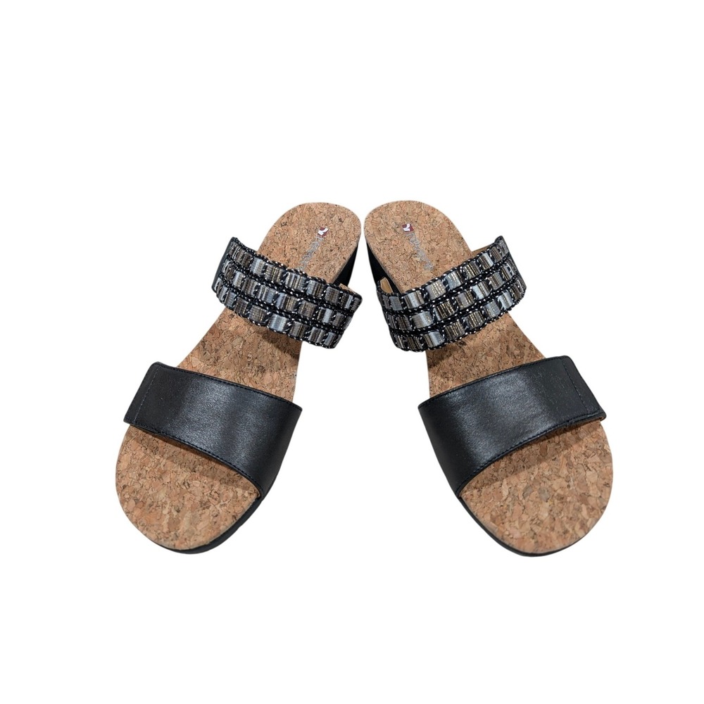 Revere Sorrento Onyx Black Leather Embellishedโ Wedge Sandals 8M NIB Adjustable